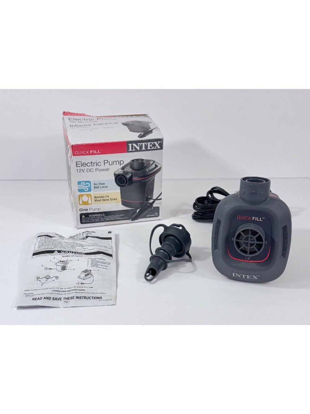 Intex Quick-Fill Electric Air Pump 12V DC Power With Multi-Size Nozzles For Infl